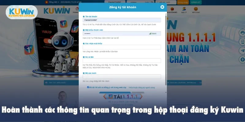 Đăng ký kuwin Hoàn thành các thông tin quan trọng trong hộp thoại đăng ký Kuwin